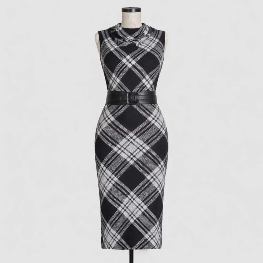 NWT Size 8. Ellen Tracy Plaid monochromatic Cowlneck Sleeveless Sweater Dress